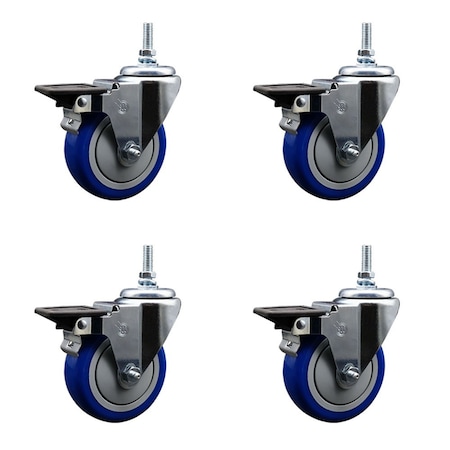 Service Caster 4 Inch Blue Polyurethane 38 Inch Threaded Stem Caster Set with Brake SCC-TS20S414-PPUB-BLUE-PLB-381615-4